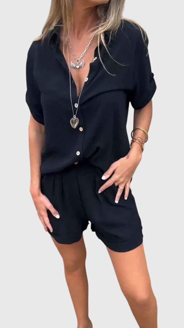 Stylish women's summer fashion short sleeve top and shorts set, perfect for casual everyday wear.