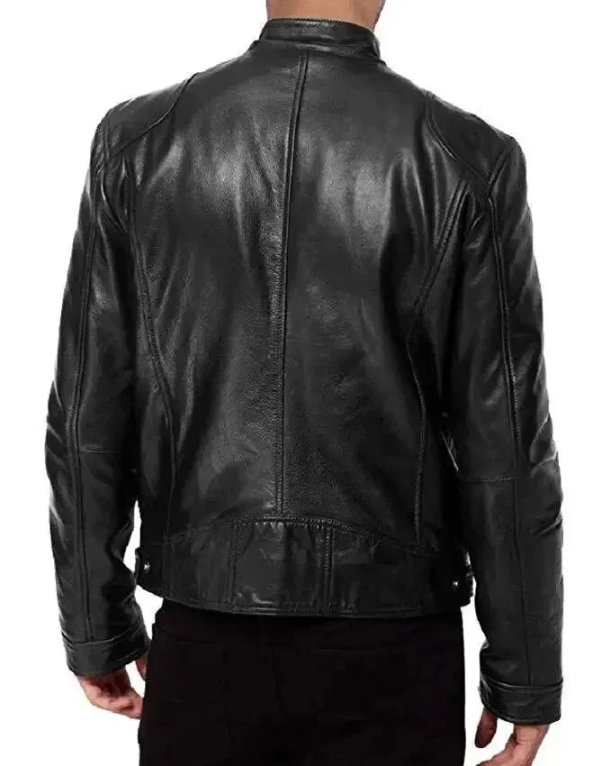 Rugged men's black biker jacket, classic design. Durable leather outerwear for a stylish, edgy motorcycle-inspired look.