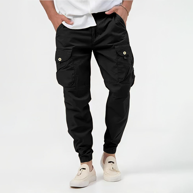 Men's activewear cargo joggers. Stretch fabric, tapered fit, comfortable, casual, athletic pants for men.