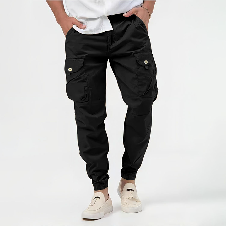 Men's activewear cargo joggers. Stretch fabric, tapered fit, comfortable, casual, athletic pants for men.