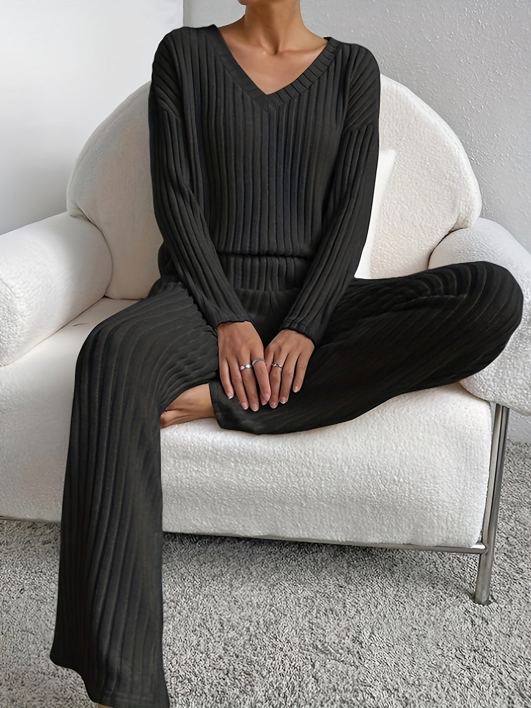 Women's Chill Knit Lounge Set, soft two-piece with relaxed fit V-neck top & wide-leg pants for ultimate comfort.