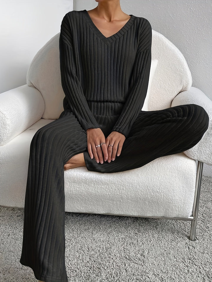 Women's Chill Knit Lounge Set, soft two-piece with relaxed fit V-neck top & wide-leg pants for ultimate comfort.