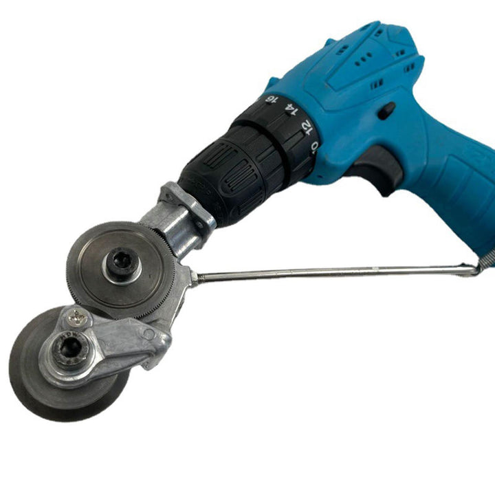 Unisex electric drill plate cutter attachment for sheet metal. Easily cuts iron, steel, and aluminum plates.