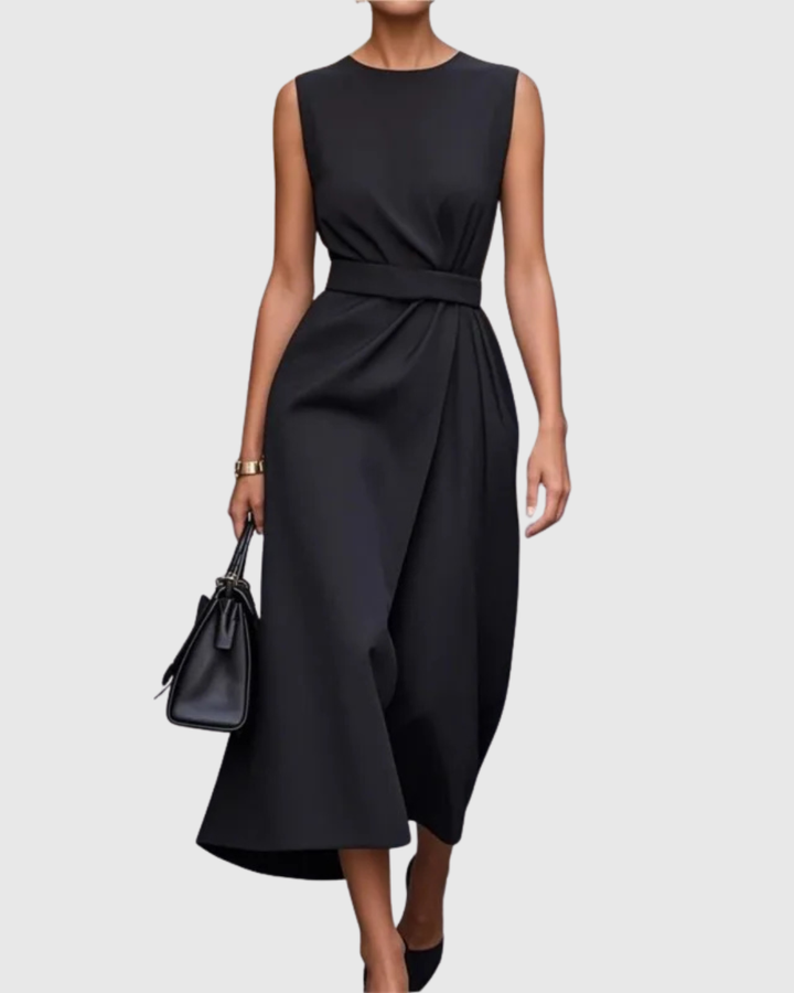 Chic women's below-knee sleeveless dress, featuring a flattering round neck and convenient side zip closure.