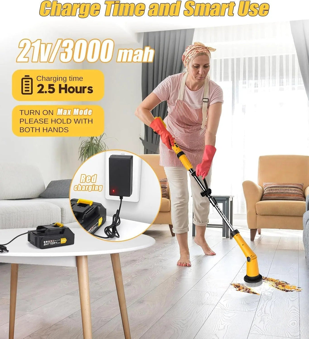 Portable rechargeable electric power scrubber for kitchen, bath, and tile deep cleaning. Cordless handheld design.