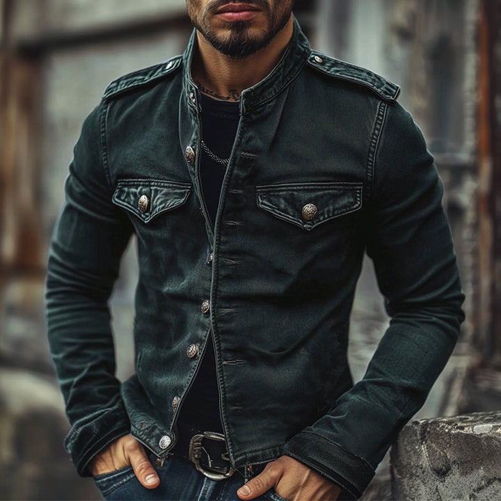 Classic men's outerwear: blue vintage distressed denim jacket with a stand collar, perfect for biker fashion.