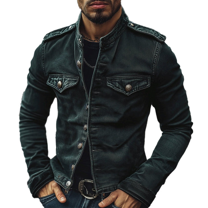 Men's vintage distressed blue denim jacket with stand collar. Slim fit, biker style mid-season outerwear.