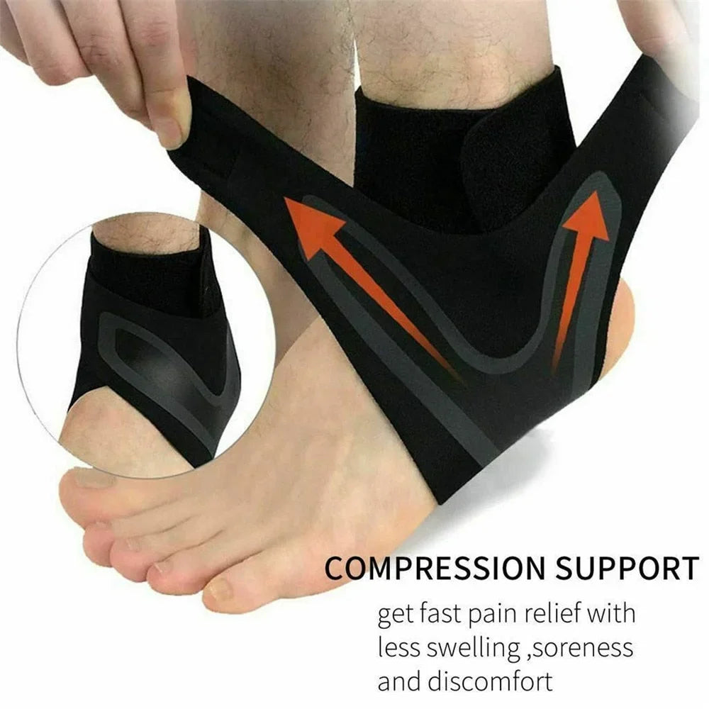 Foot support compression sleeve aiding pain relief and recovery from sprains and sports injuries.