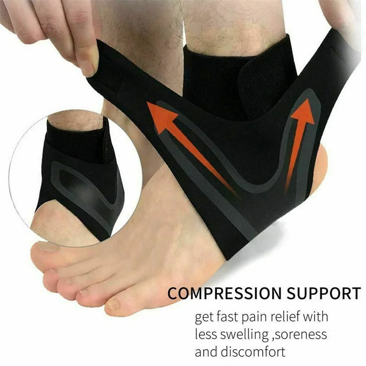 Foot support compression sleeve aiding pain relief and recovery from sprains and sports injuries.