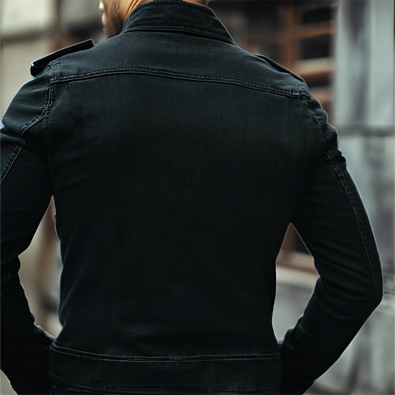 Men's mid-season vintage blue denim jacket with distressed details, stand collar, and a modern slim fit silhouette.