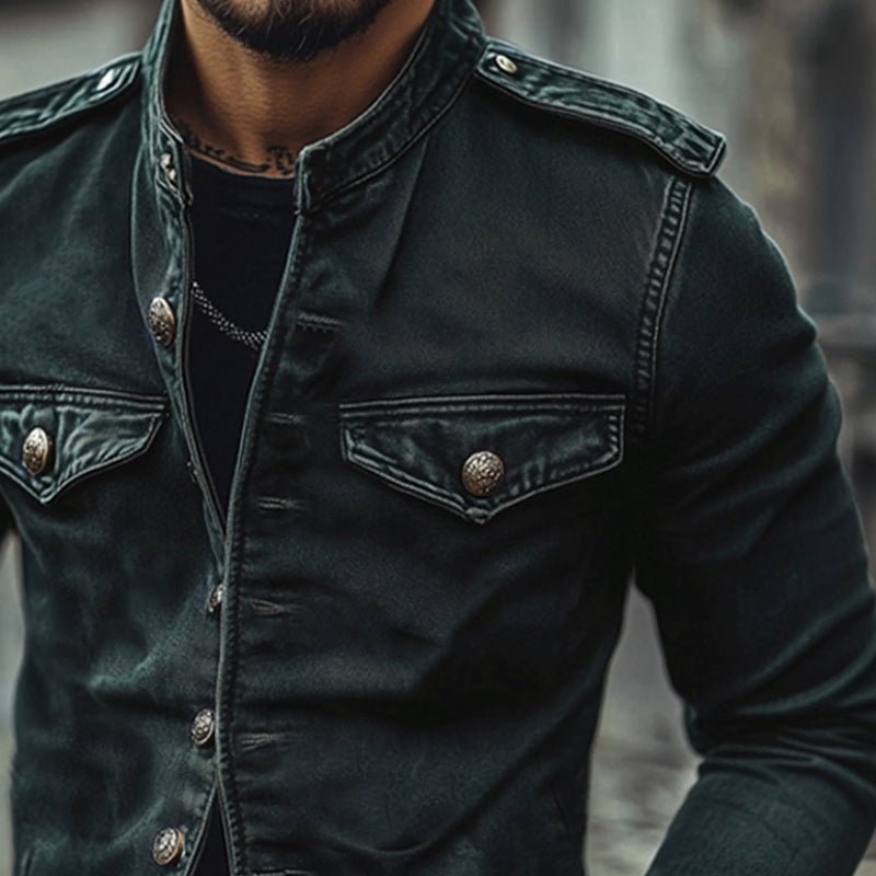 Detail shot of the stand collar and distressed finish on a men's vintage blue denim biker jacket.