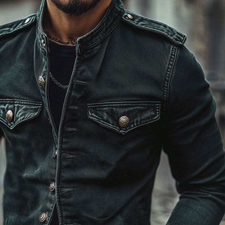 Detail shot of the stand collar and distressed finish on a men's vintage blue denim biker jacket.