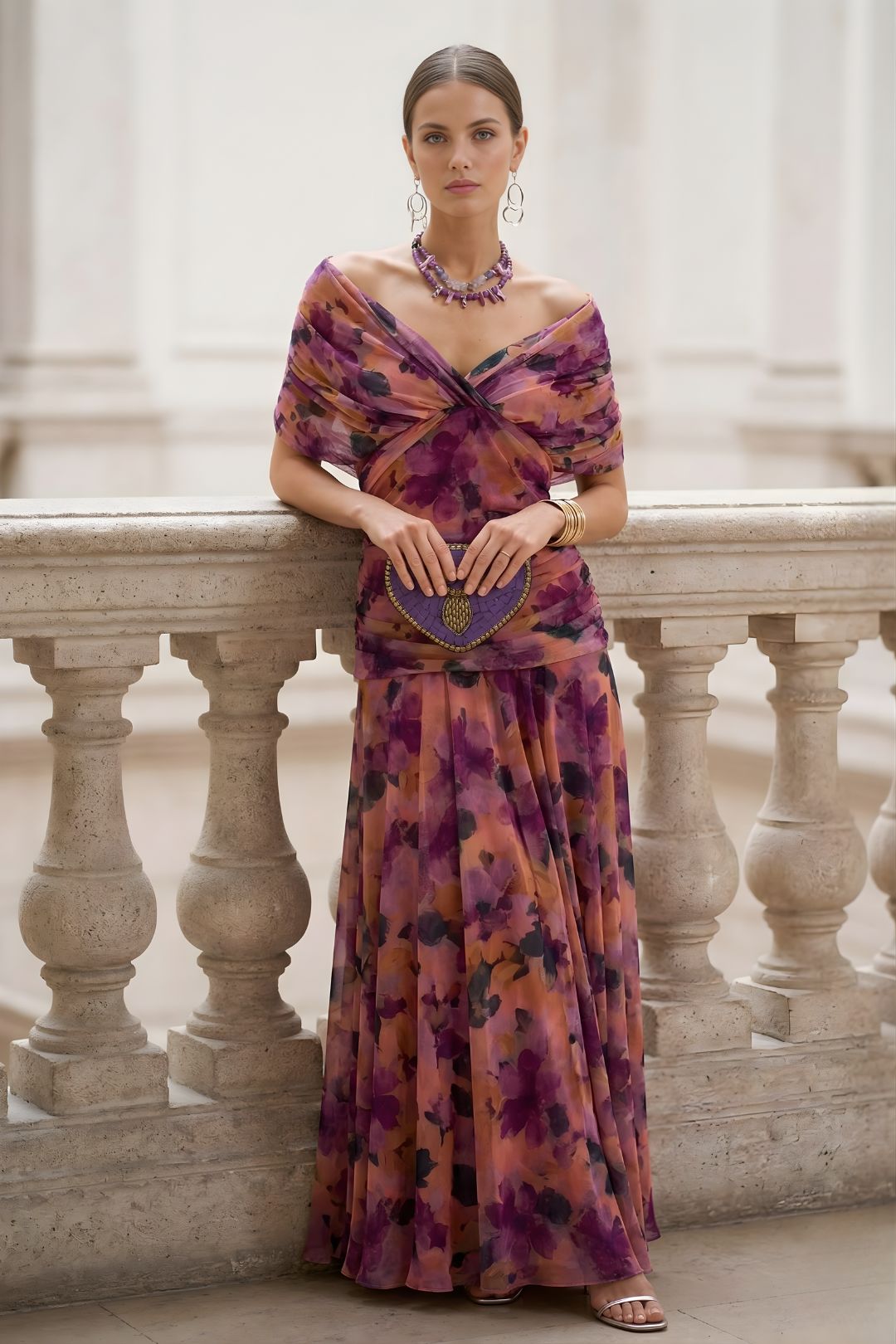Elegant floral print off-shoulder maxi dress for women, ruched sweetheart neckline. Ideal for spring occasions.
