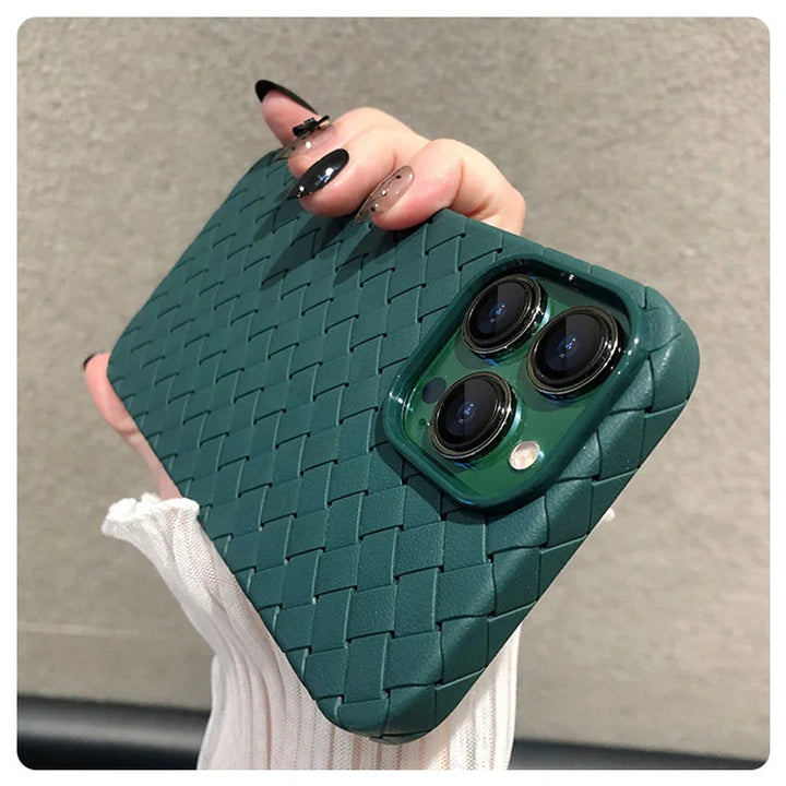 Chic woven phone case for women with slim design, supports wireless charging.