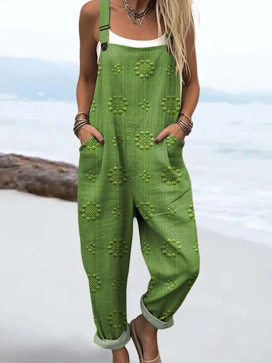 Stylish women's patterned wide-leg jumpsuit with pockets & adjustable straps, versatile for casual spring fashion.