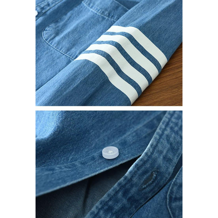Stylish blue long sleeve men's denim shirt, a modern fit button-down perfect for various casual outfits.