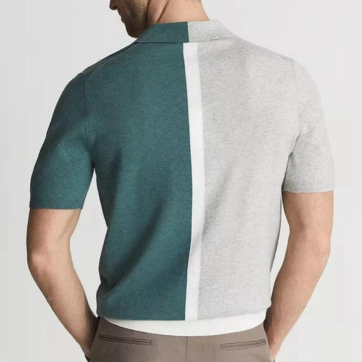 Comfortable men's two-tone polo shirt, short sleeve. Features a stylish split color design, ideal for casual outfits.