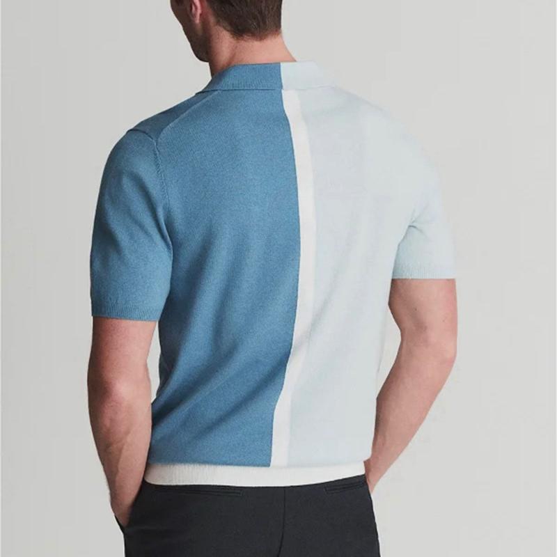Casual men's short sleeve polo shirt, featuring a unique two-tone split color design. Comfortable and stylish.
