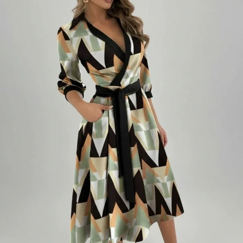 Women's flattering A-line midi dress with a stylish belt, V-neck, and practical 3/4 sleeves. Versatile comfort.