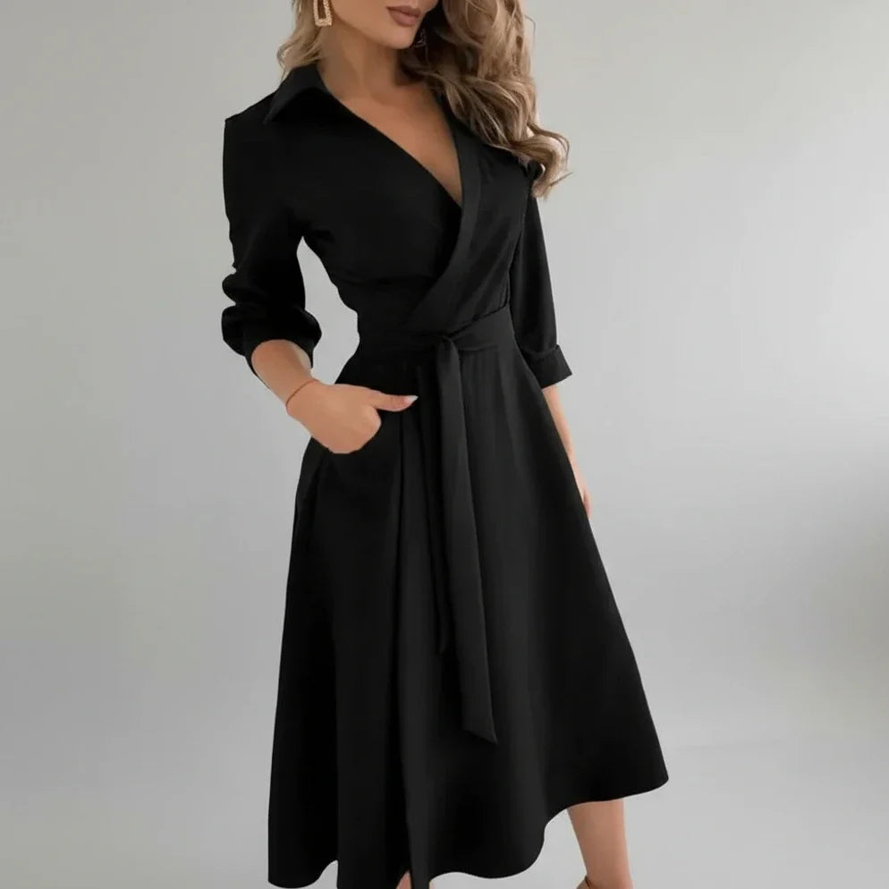 Belted A-line V-neck midi dress for women. 3/4 sleeve, comfortable & elegant. Perfect for versatile summer style.