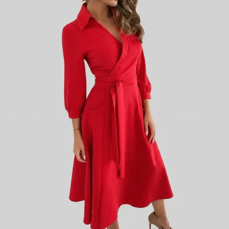 Women's Belted A-Line Midi Dress, elegant V-neck 3/4 sleeve, comfortable and flattering for versatile wear.
