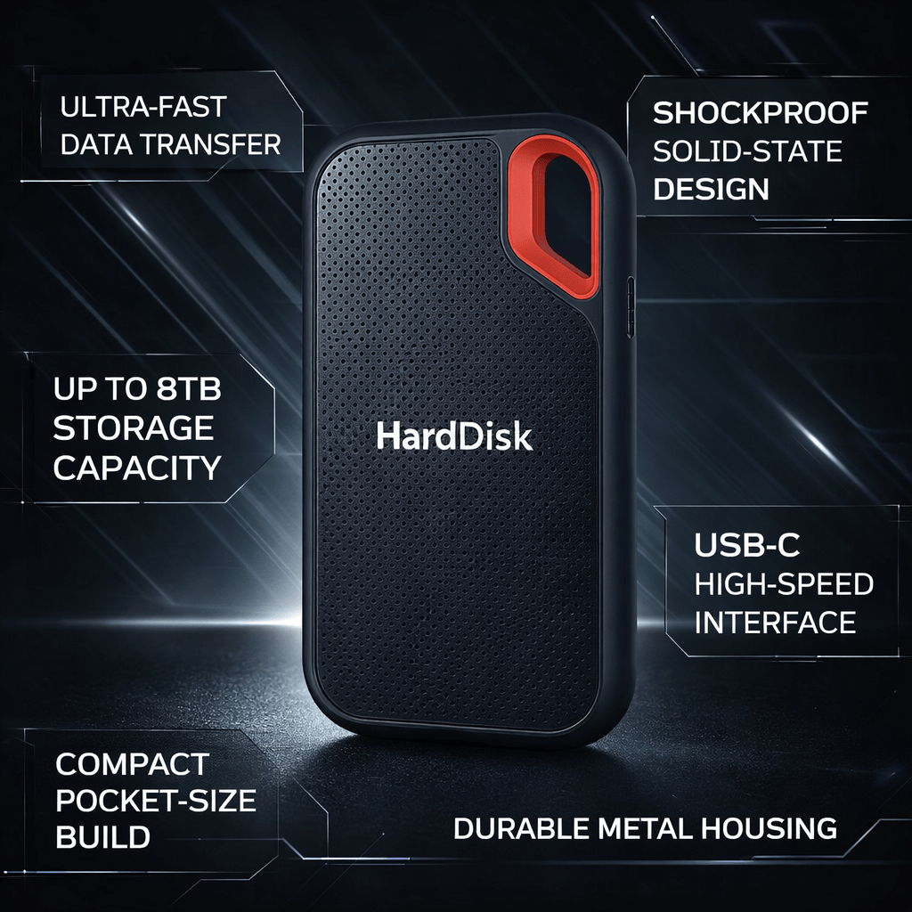 High-speed 2TB black portable SSD, shockproof external drive for reliable digital storage via USB-C.