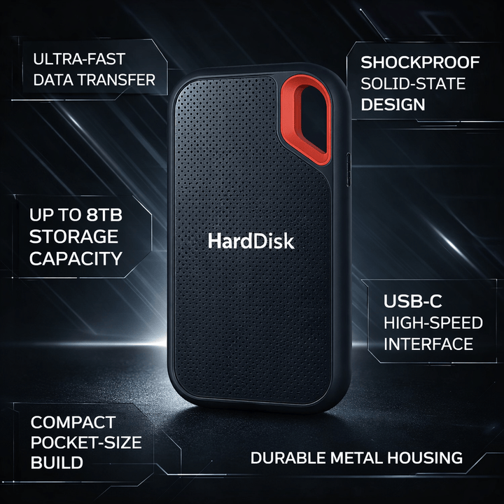 High-speed 2TB black portable SSD, shockproof external drive for reliable digital storage via USB-C.