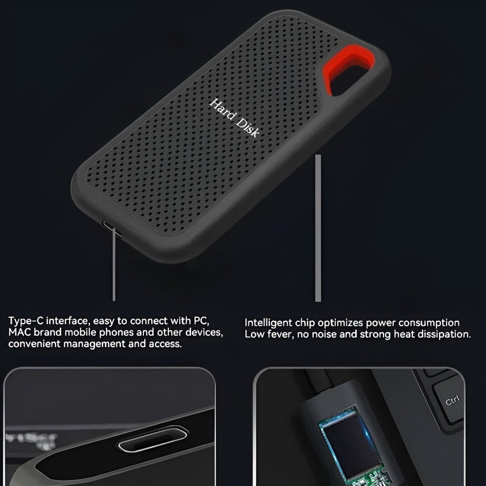 Tavvitaimp18 2TB black portable solid state drive, high-speed external storage with USB-C.