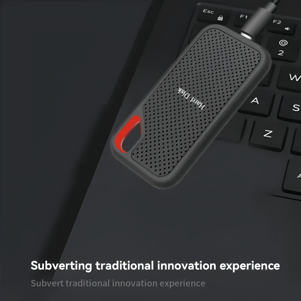 Slim black 2TB portable SSD with USB-C connectivity for fast, shockproof & secure data backup.