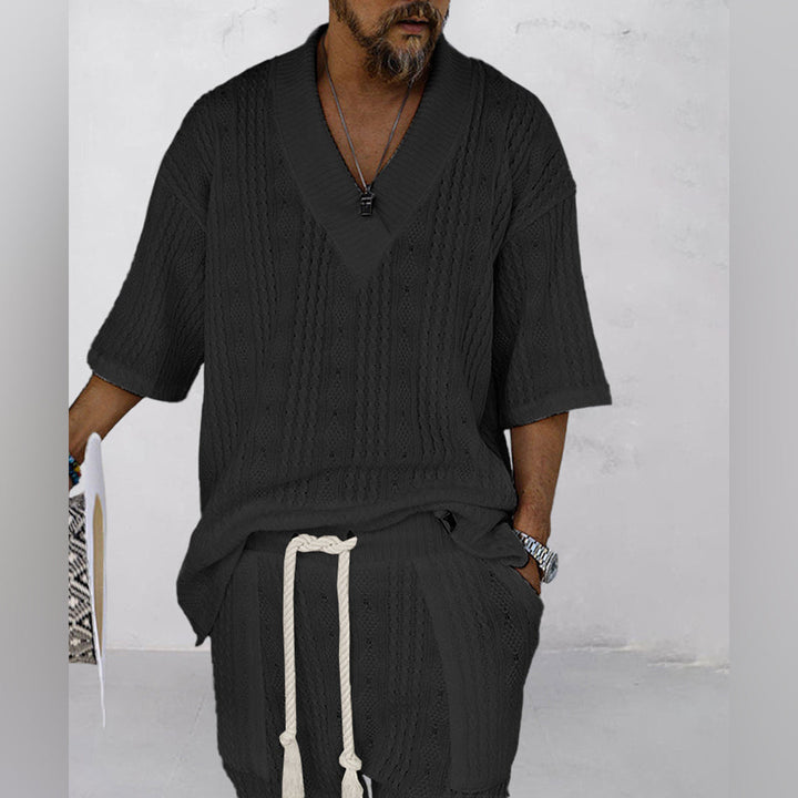 Complete men's coordinated set: V-neck shirt and shorts for ultimate summer relaxation & casual style.