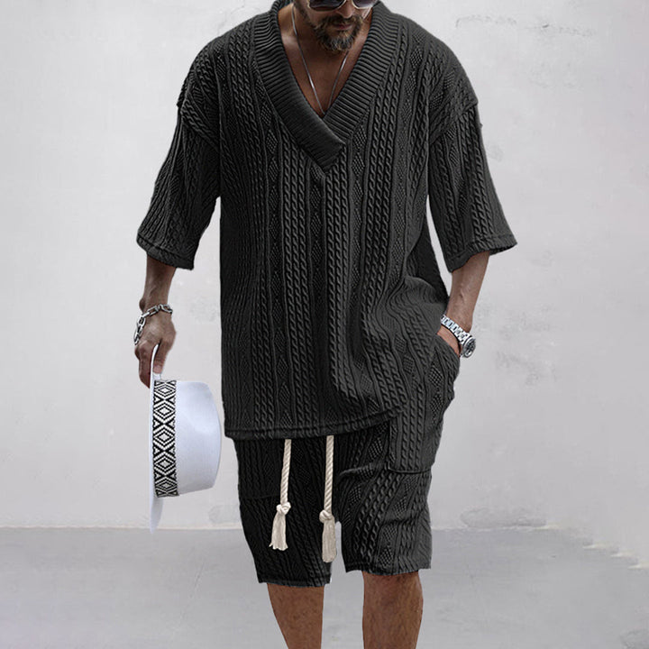 Men's summer matching set: V-neck shirt and shorts, designed for ultimate comfort and relaxed style.