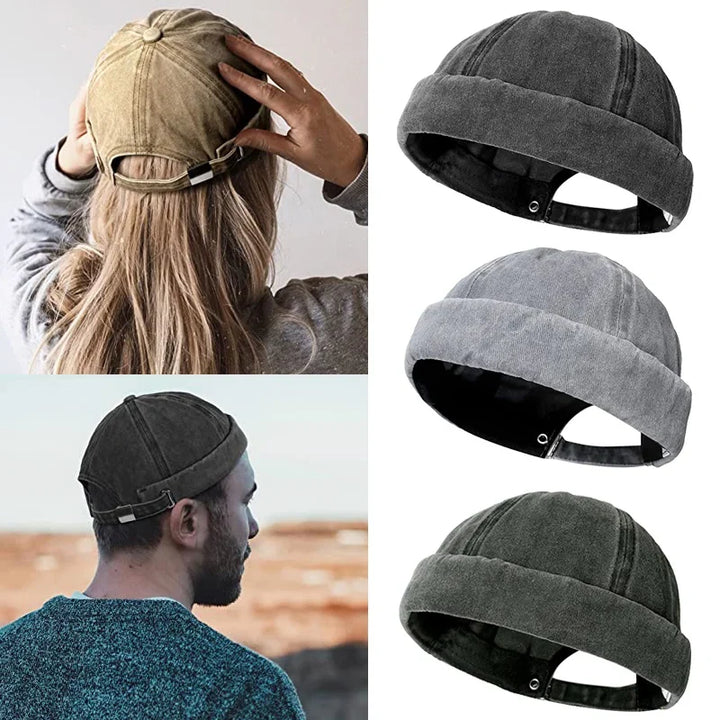 Smoke green brimless cap, washed cotton, rolled cuff design. Unisex fashion accessory, adjustable.