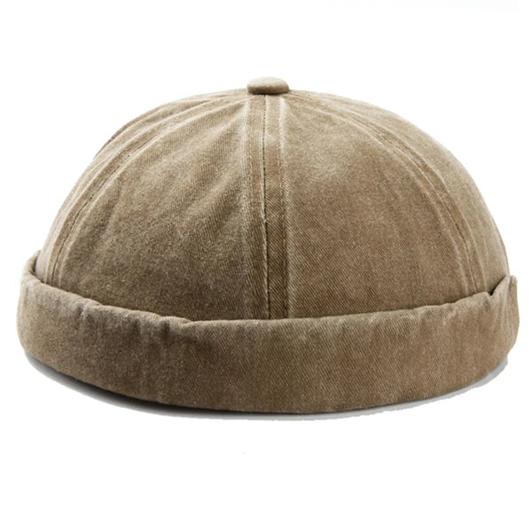 Khaki unisex brimless cotton hat, pre-washed finish, adjustable. Perfect casual headwear.