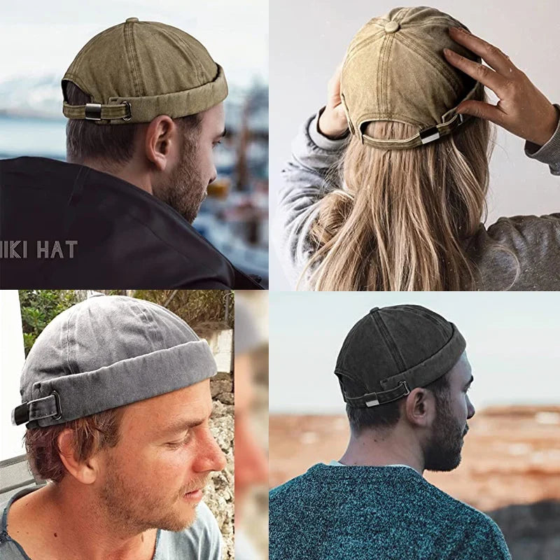 Casual khaki brimless cap, soft washed cotton fabric, adjustable fit for everyday unisex wear.
