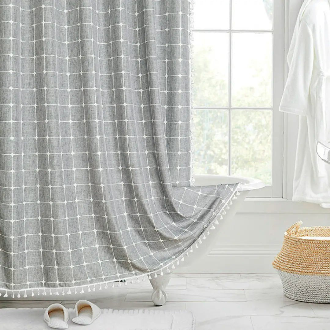 Waterproof boho shower curtain, linen fabric & tassels, perfect for chic bathroom decor.