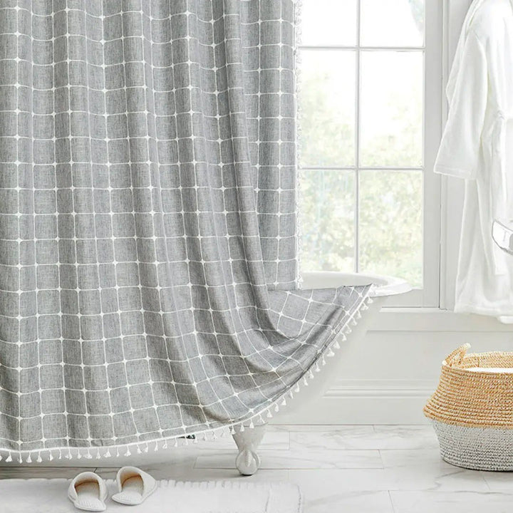 Waterproof boho shower curtain, linen fabric & tassels, perfect for chic bathroom decor.