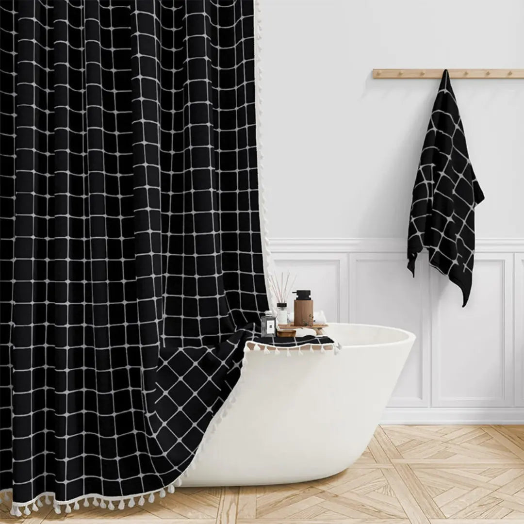 Farmhouse shower curtain: linen, bohemian style, with decorative tassels for home decor.