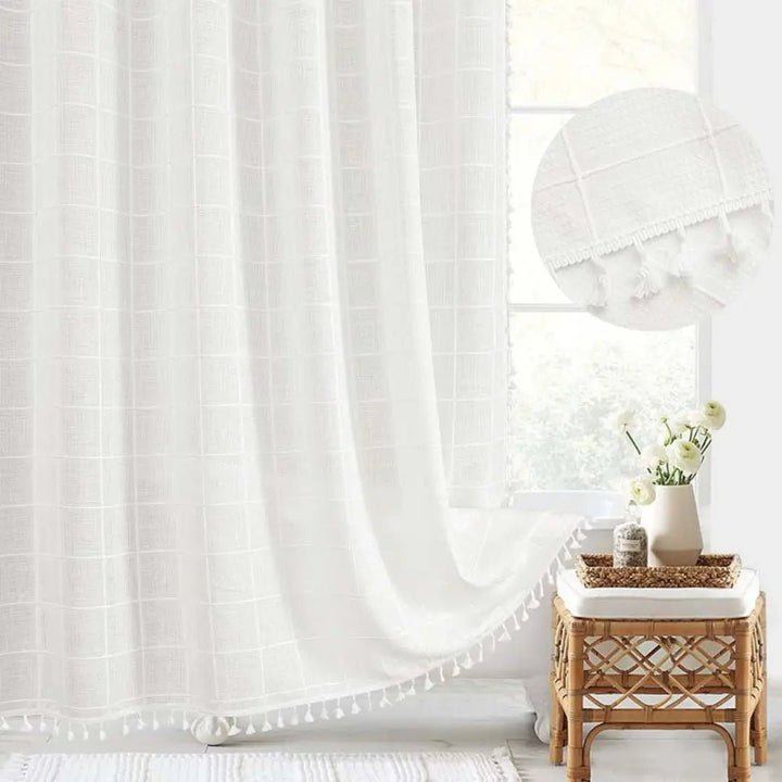 Linen bathroom shower curtain, boho design with elegant tassels. A functional decor accessory.