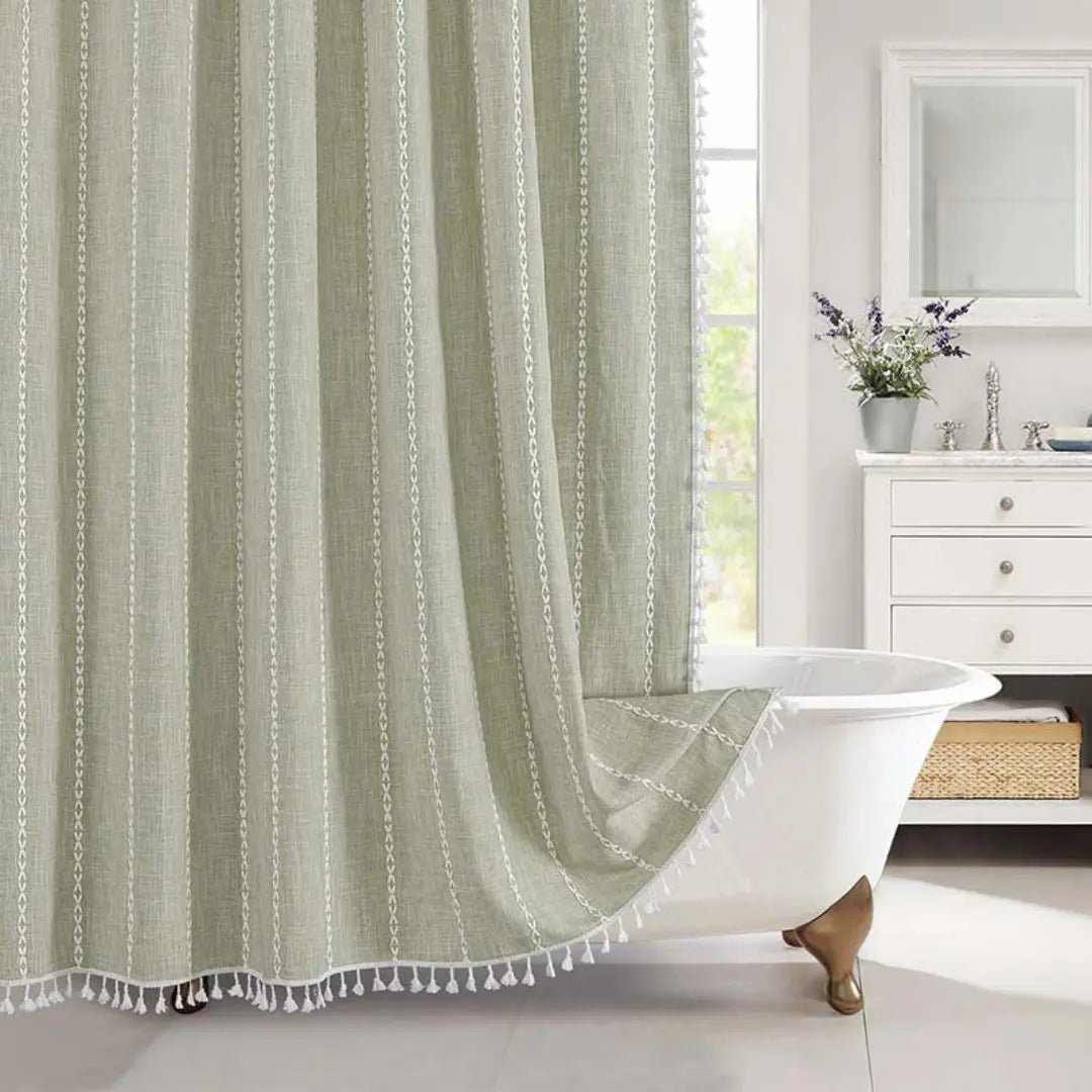 Textured linen shower curtain, boho design & tassels. Great bathroom accessory for home decor.