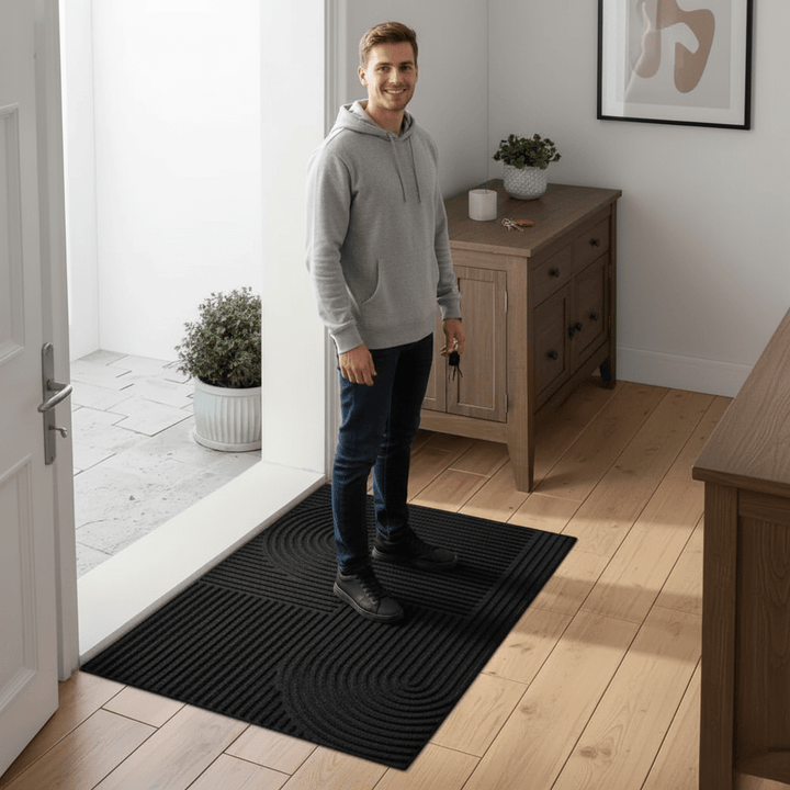 Stylish & durable utility mat, modern line pattern. Non-slip, washable, absorbent floor mat.