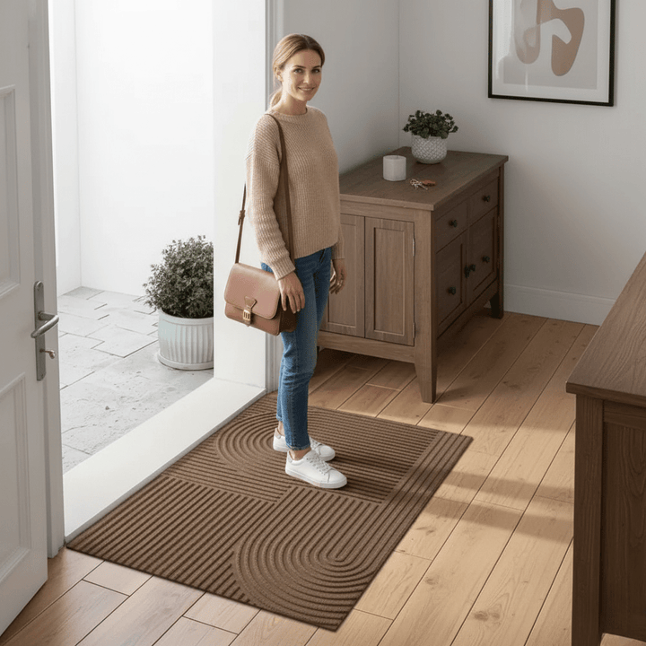 Washable non-slip floor mat featuring a modern line pattern. Durable, stylish & absorbent utility mat.