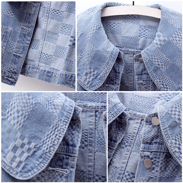 Elegant women's blue cropped outerwear jacket, a new arrival with a chic collar for stylish fashion.