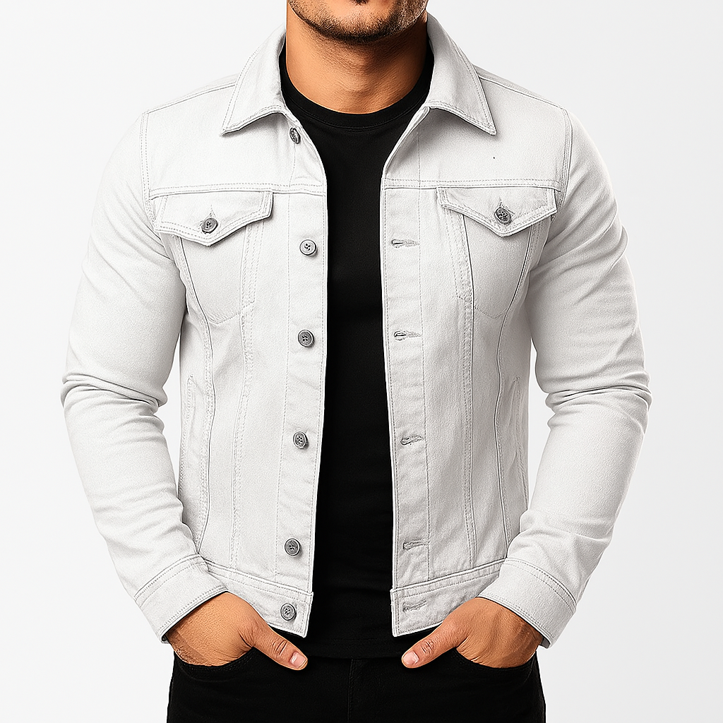 Versatile men's classic trucker jacket, perfect transitional outerwear for spring, autumn, & casual everyday wear.