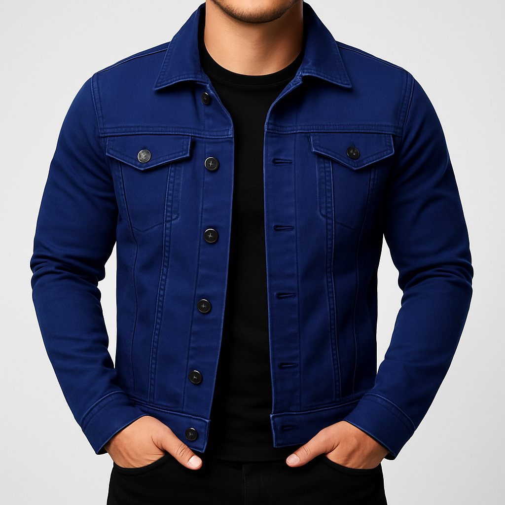 Stylish men's denim trucker jacket in a classic fit, ideal casual outerwear for everyday fashion & comfort.