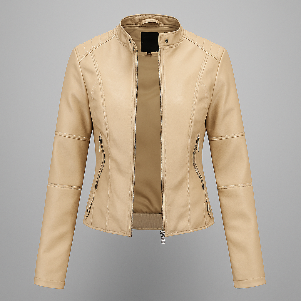 Stylish red women's fitted moto jacket, perfect for spring/autumn fashion. Zip closure, stand collar, and slim fit.