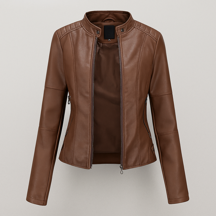 Chic women's red moto jacket, slim-fit for street style. Versatile spring/autumn outerwear with modern appeal.