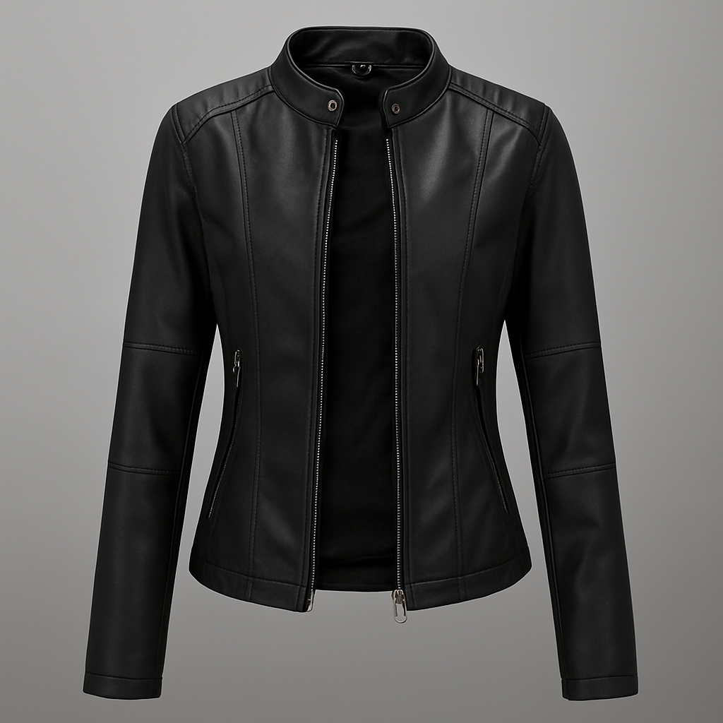 Women's fitted red moto jacket with stand collar and zip closure. Perfect slim-fit spring/autumn outerwear.