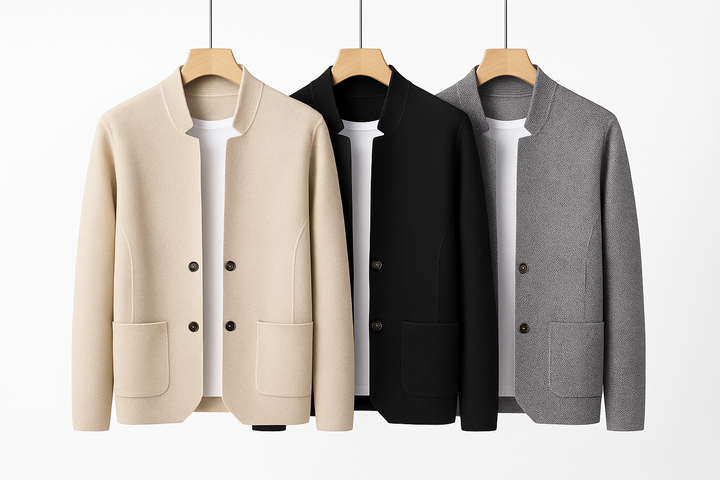 Sleek design modern men's jacket with a button front and stand collar. Ideal versatile outerwear for everyday style.