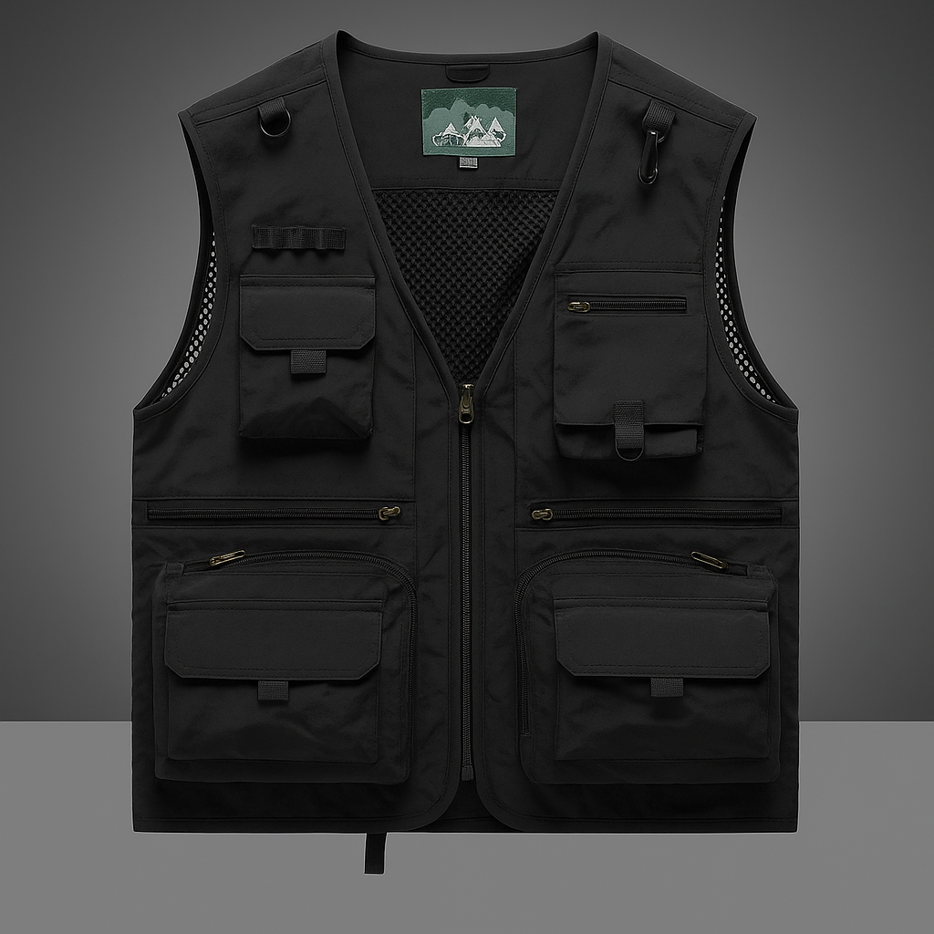 Men's tactical multi-pocket vest, rugged and breathable, ideal for construction work or outdoor utility.