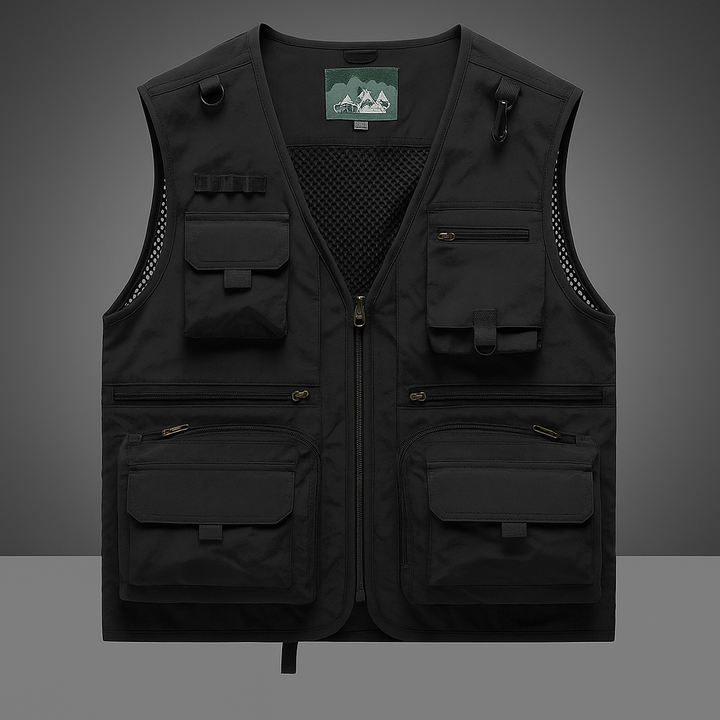 Men's tactical multi-pocket vest, rugged and breathable, ideal for construction work or outdoor utility.